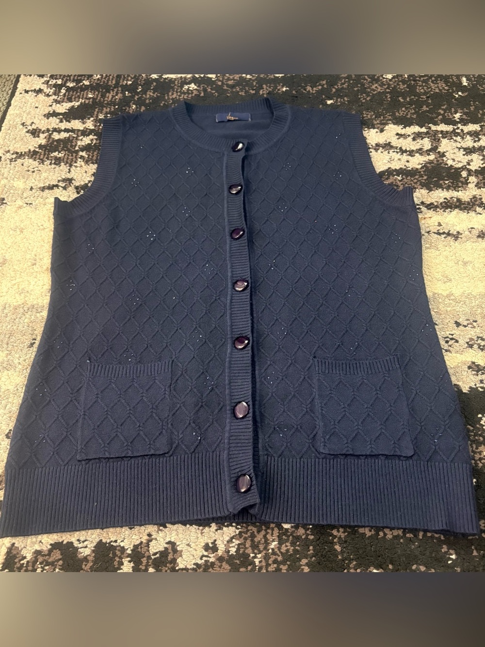 Vogue Navy Blue Knit Button-Up Sleeveless Cardigan
